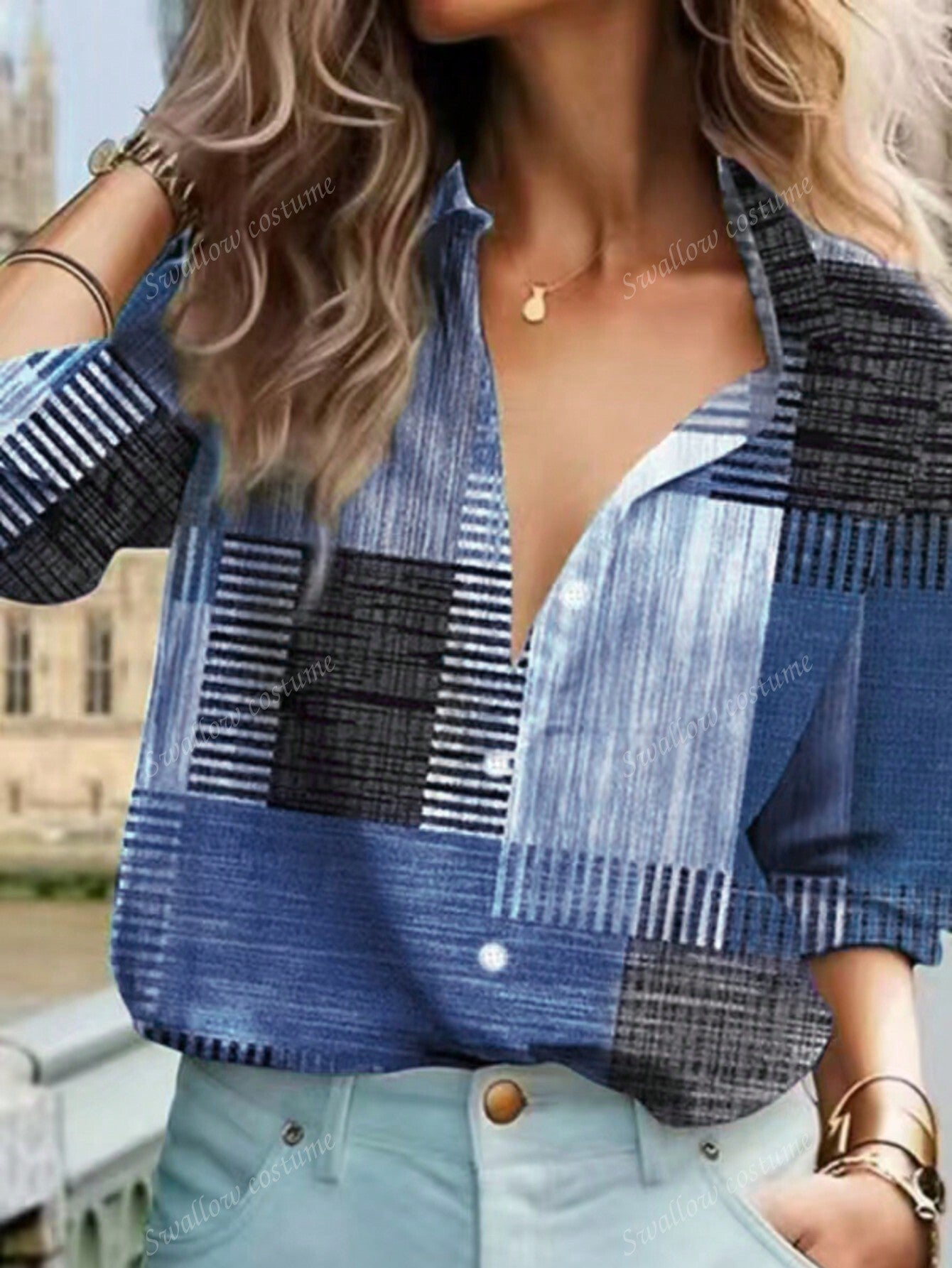 Color Block Button Print Long Sleeve Casual Retro Shirt - BabynBeauty