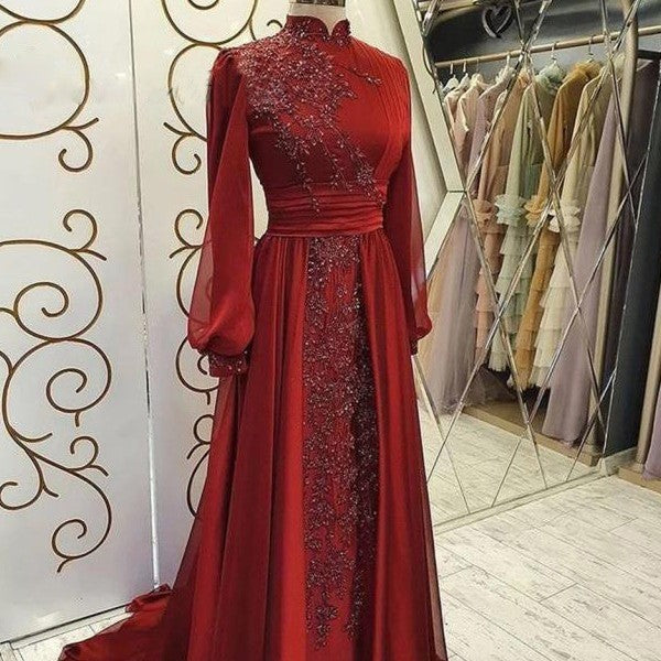 Stand Collar Luxury Long Sleeve Evening Dress - BabynBeauty