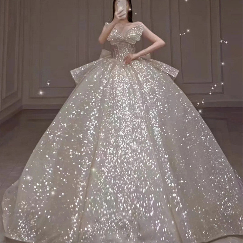 One-shoulder High-quality Long Trailing Heavy Industry Retro Wedding Dress - BabynBeauty