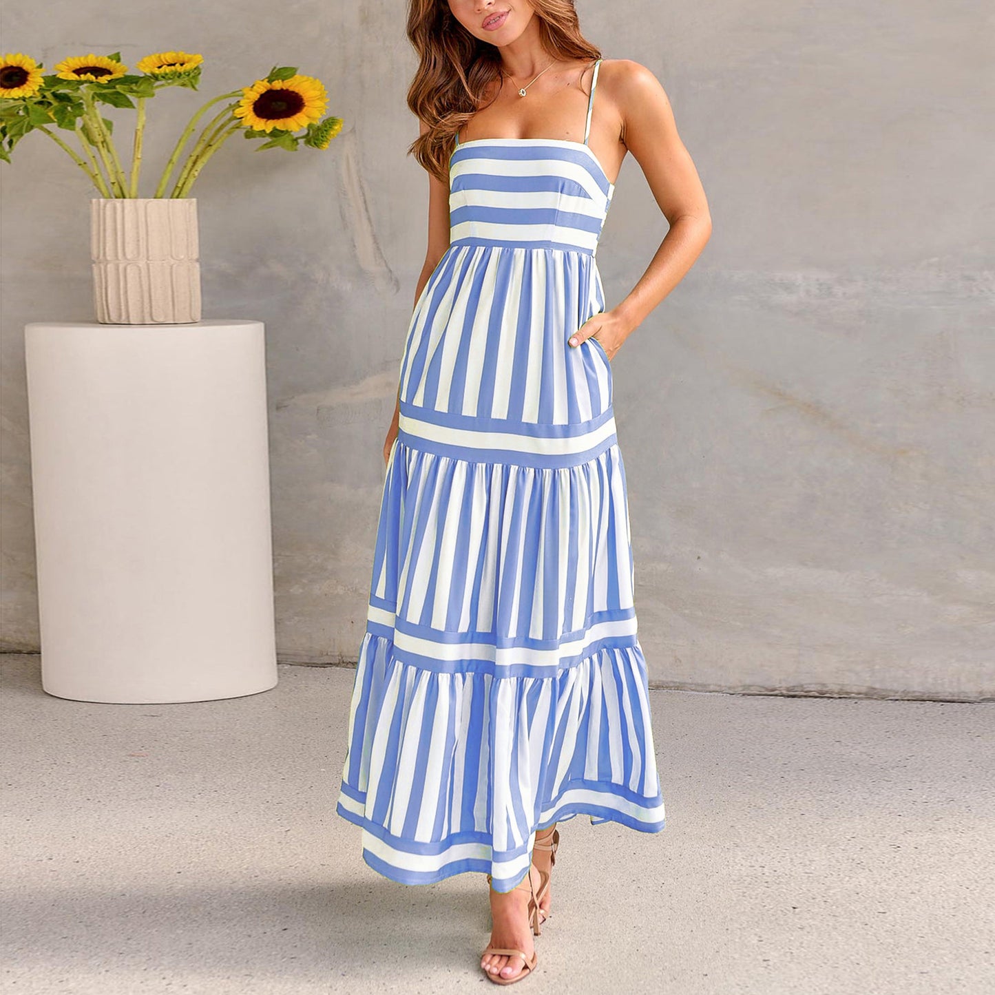 Summer Striped Printed Suspender Long Dress With Pockets Fashion Square Neck Backless Dresses For Beach Vacation Women Clothing - BabynBeauty