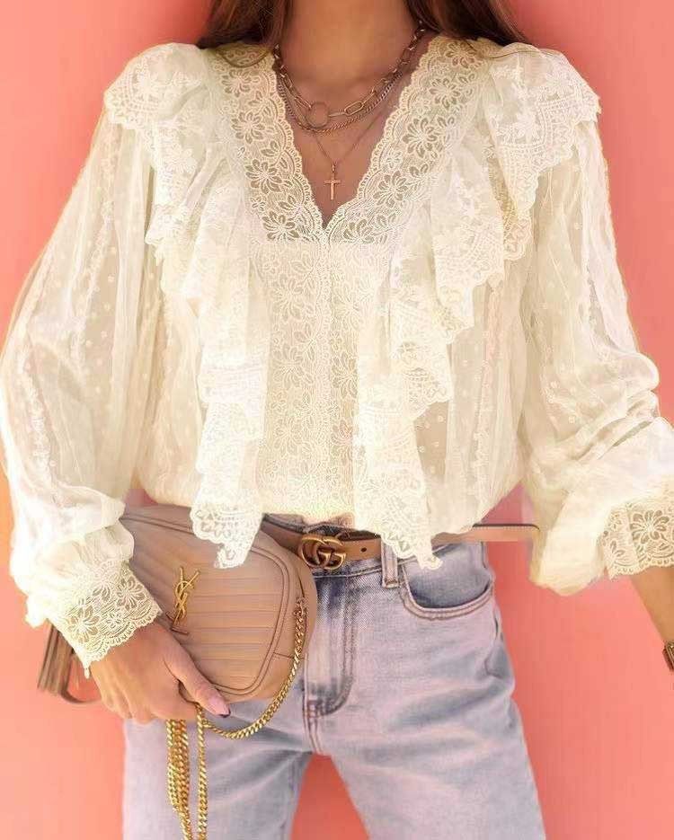 Women's Lace V-neck Patchwork Ruffled Shirt