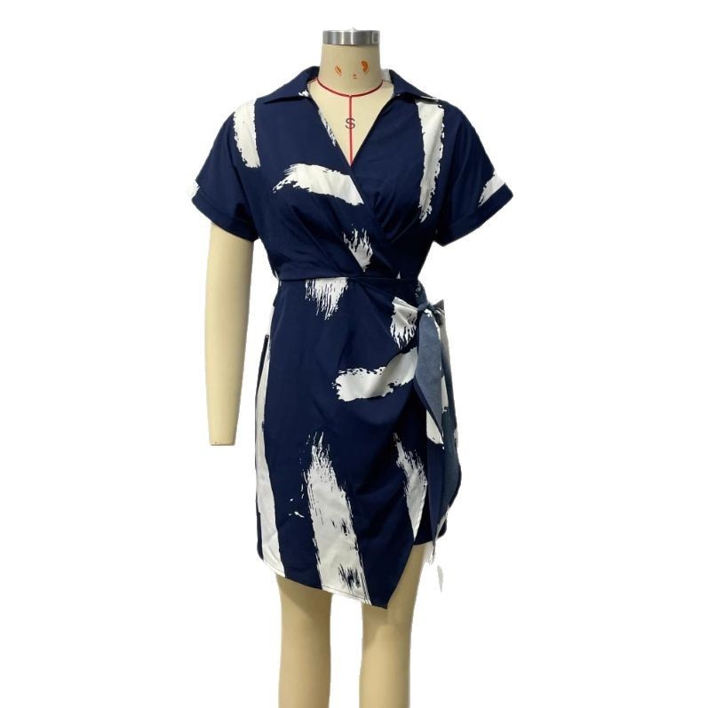 European American Summer New Women's V-neck Short Sleeve Printed Waist-controlled Dress - BabynBeauty