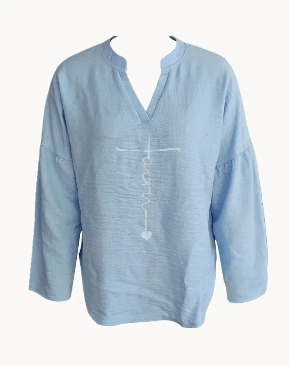 Women'S V-Neck Long Sleeve Shirt With Letter Print
