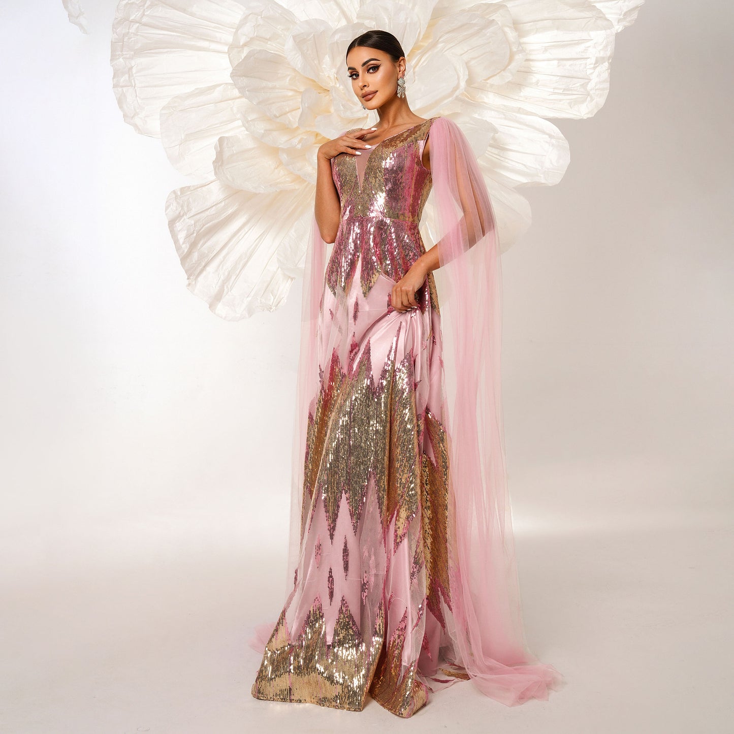 Mesh Long Sleeve V-neck Sequins Large Swing Evening Dress - BabynBeauty