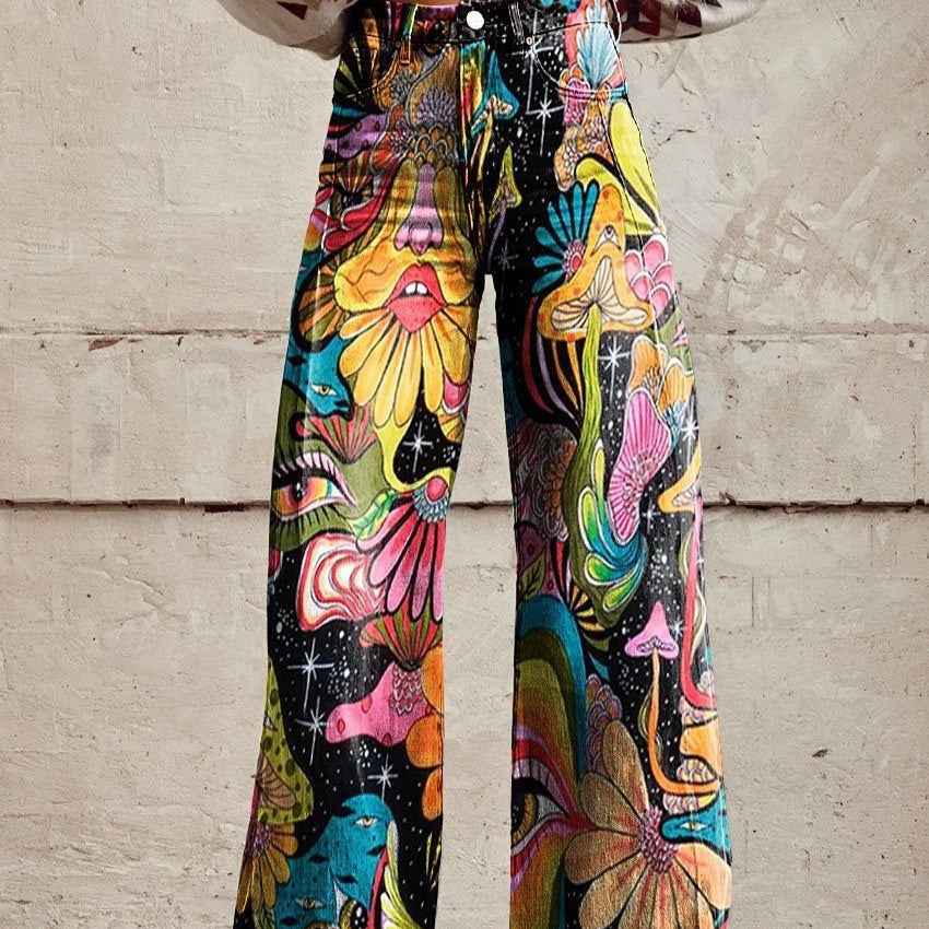 Casual Printed Denim Wide Leg Pants