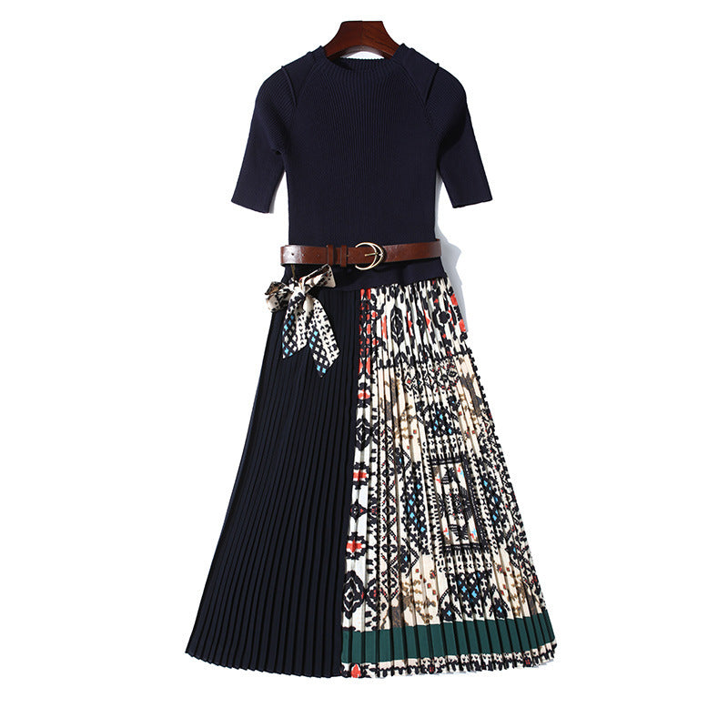Round neck high waist fashion mid-sleeved dress