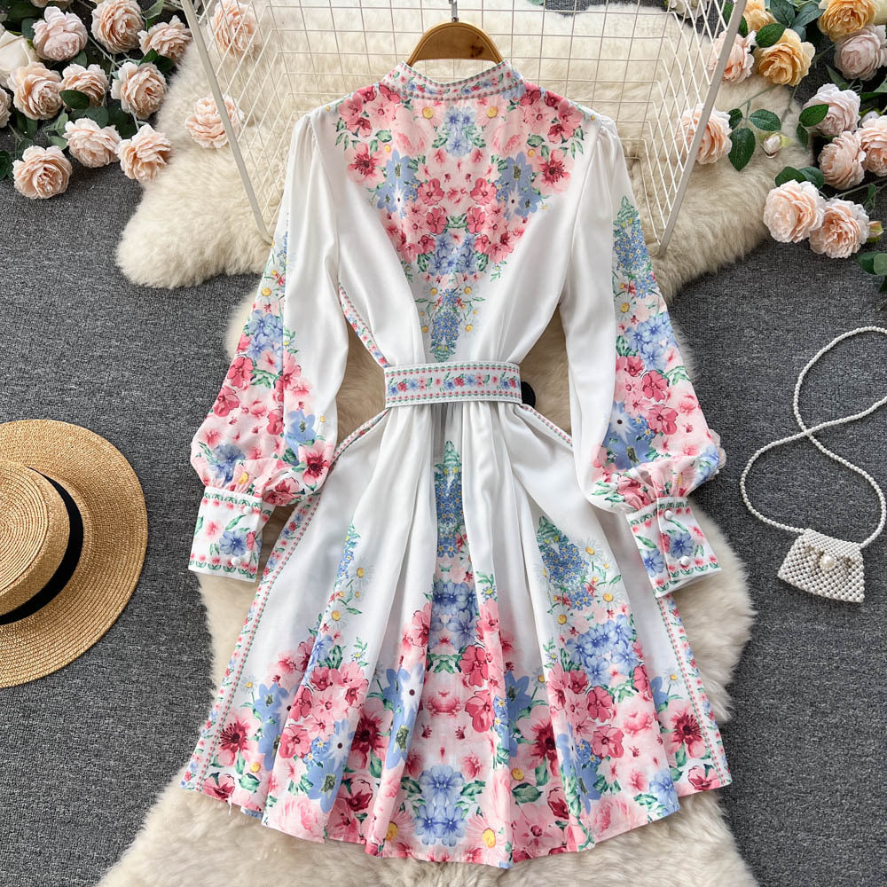 Retro Ethnic Style Stand Collar Single-breasted Lantern Sleeve Dress