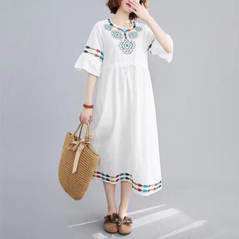 Ethnic Style Women's Short-sleeved Cotton And Linen Embroidered Dress