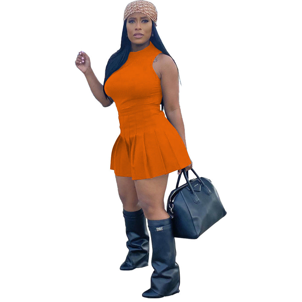 Fashion Casual Solid Color Round Neck Pleated Slim Vest Pants Group Sports Two-piece Set