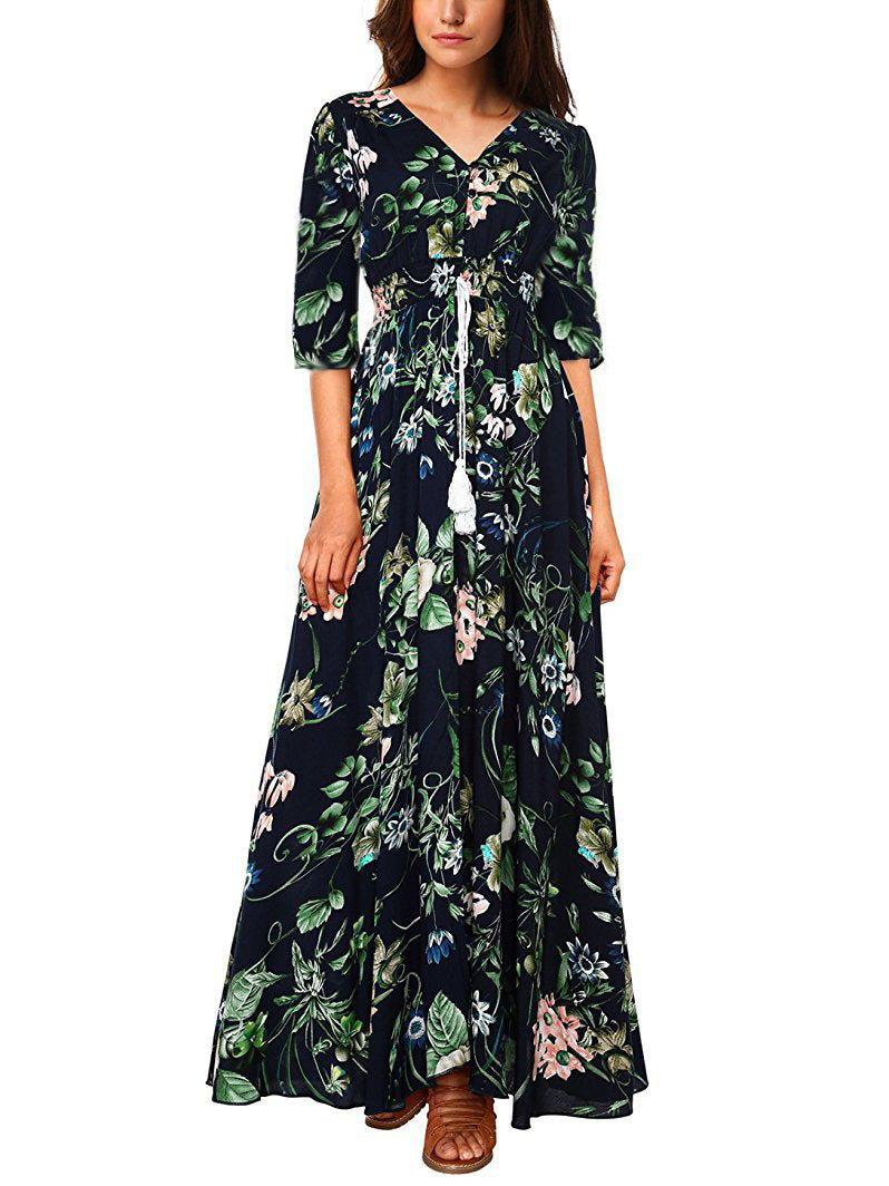 Ethnic Pattern Holiday Style V-neck Loose Long Dress - BabynBeauty