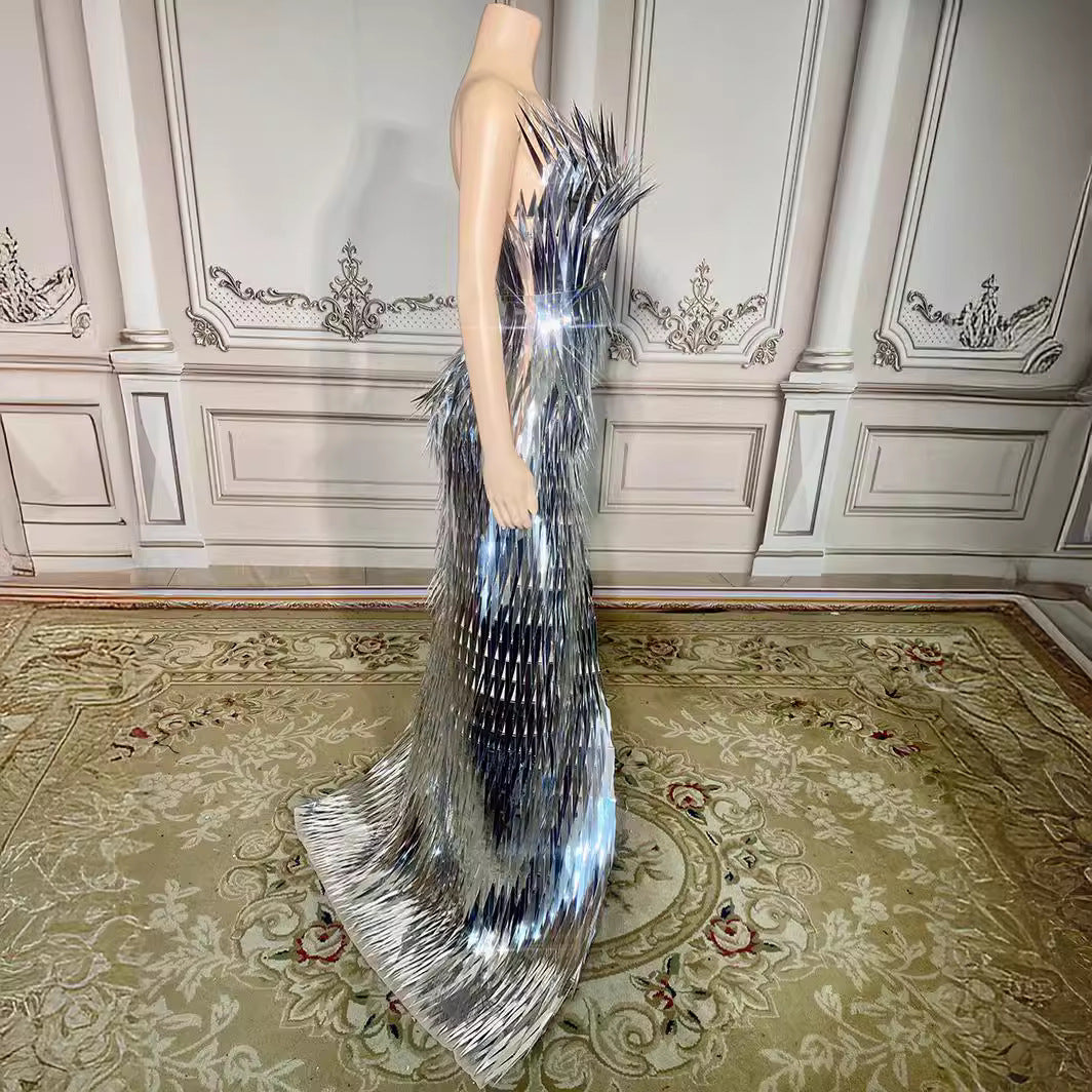 Stage Advanced Light Luxury Evening Dress Sequined Design Side Slit Tail Slim Temperament