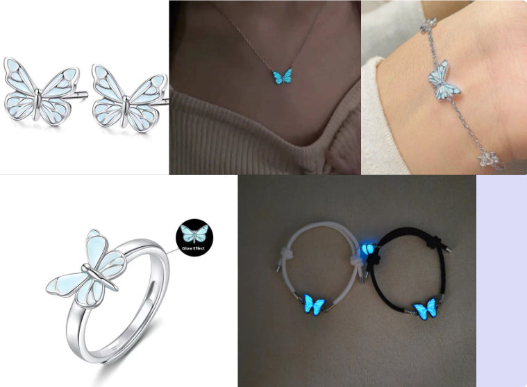 Fashion Blue Luminous Butterfly Necklace Bracelet Set For Glow In The Dark Women Clavicle Chain Choker Party Jewelry Set Gift - BabynBeauty
