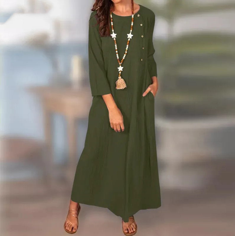 Spring And Summer Plain Long Sleeve Weave Vintage Long Dress