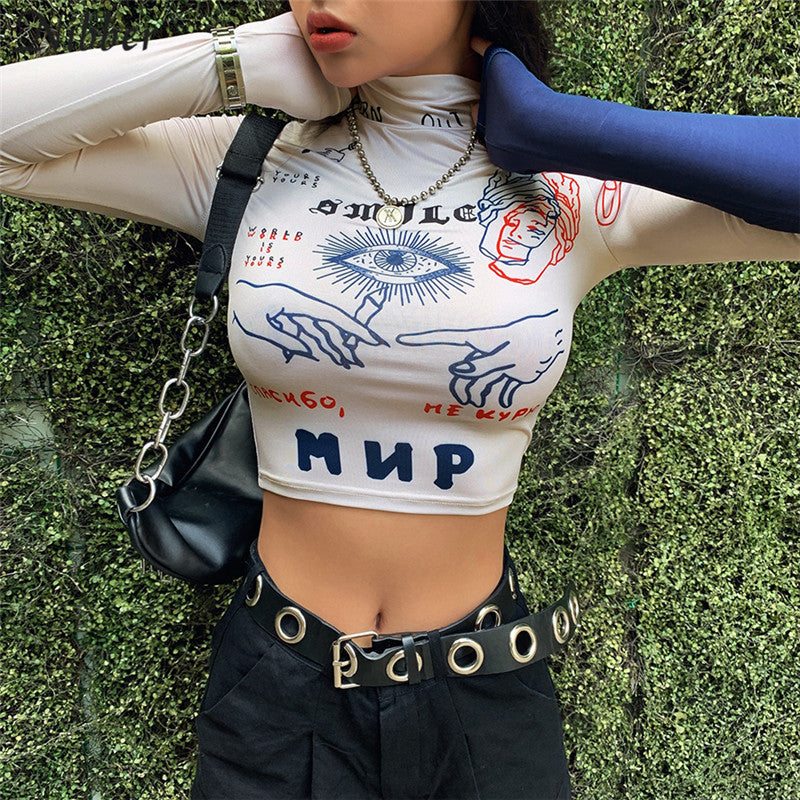 Turtleneck exposed navel tight sports casual top