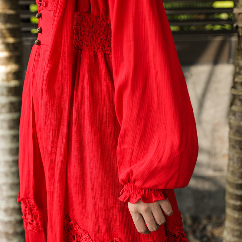 Cotton And Linen Ethnic Style Retro Red Dress