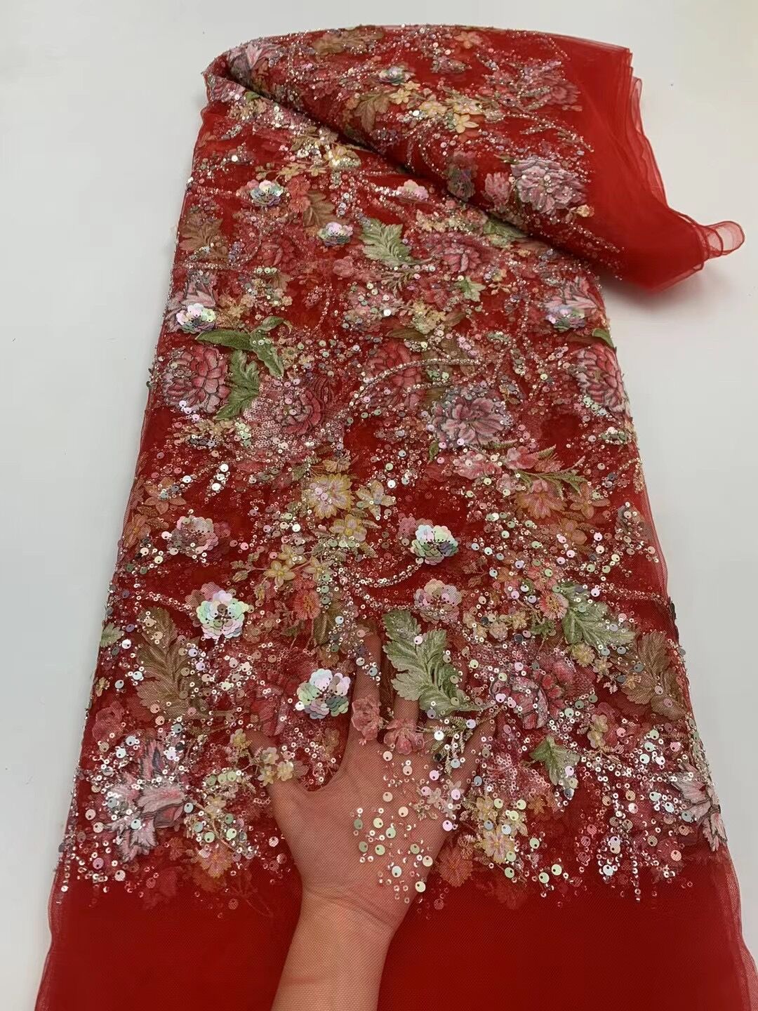 Ethnic Red Rose Flower Embroidery Fabrics High-end Beads Sequin Embroidered Cloth Xiuhe Cheongsam Wedding Dress Lei