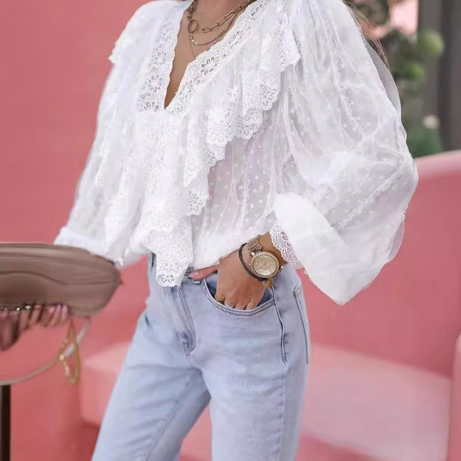 Women's Lace V-neck Patchwork Ruffled Shirt