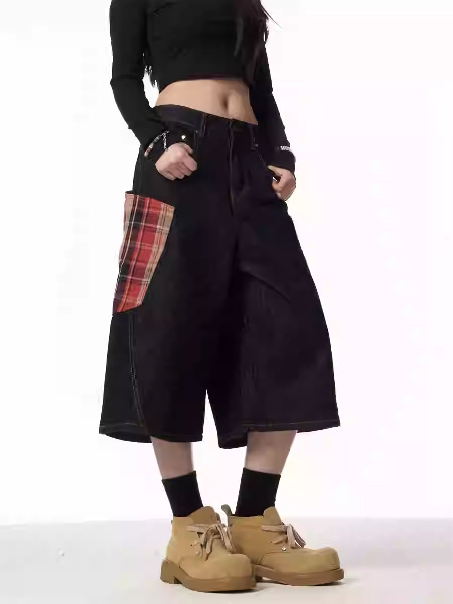 Plaid Patchwork Washed Radish Jeans For Women