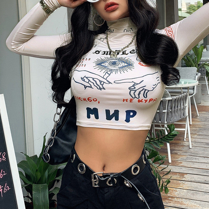 Turtleneck exposed navel tight sports casual top