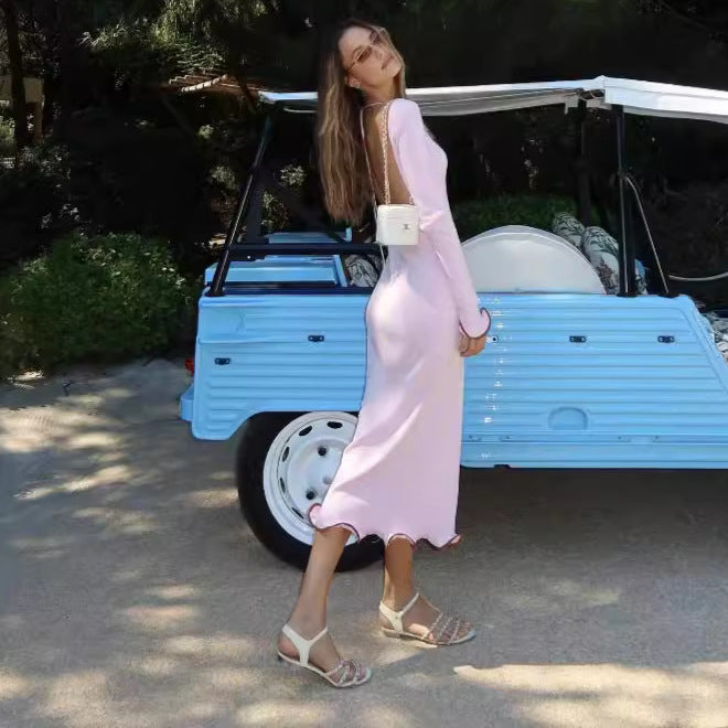 Backless Flared Sleeve Ruffled Skirt Knitted Dress Sexy Contrast Color - BabynBeauty