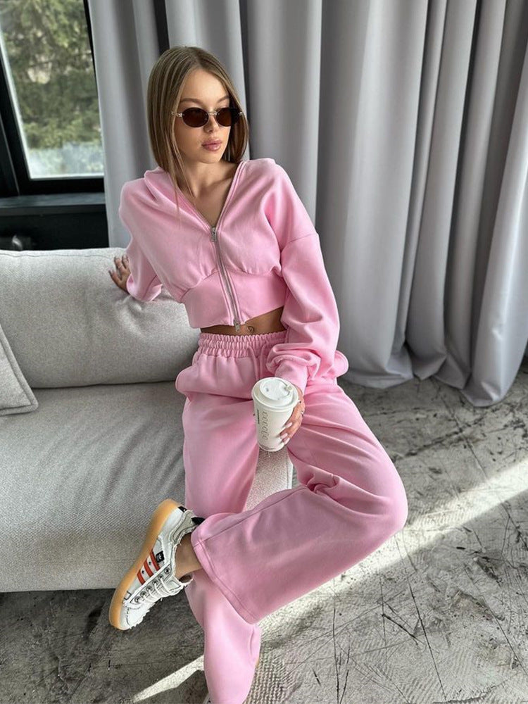 Long Sleeve Zipper Hooded Sweater Solid Color Laced Pants Two-piece Set