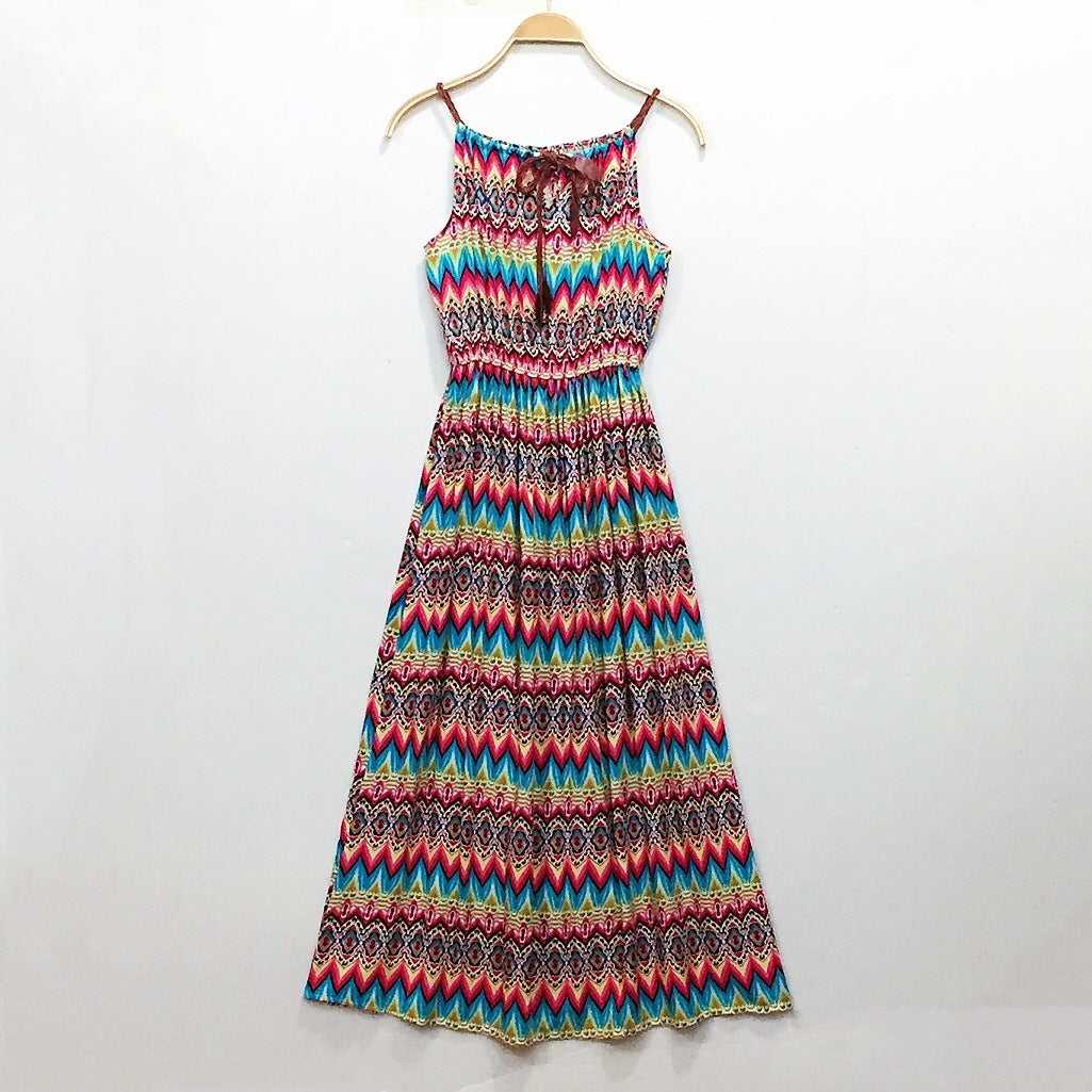 Ethnic Style Dress Women's Cotton Silk Belt Beach Dress With Suspenders