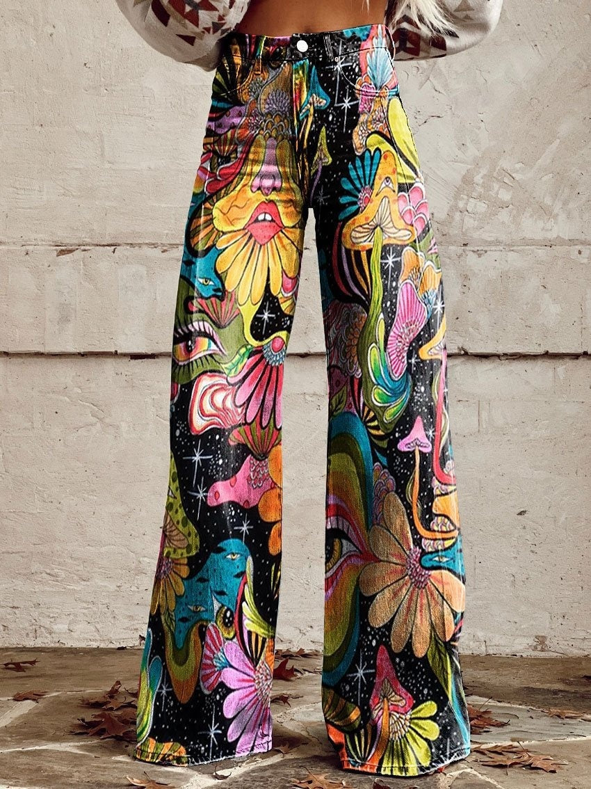 Casual Printed Denim Wide Leg Pants
