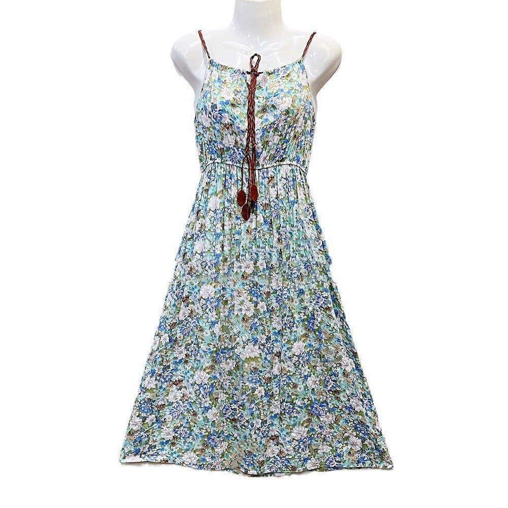 Ethnic Style Dress Women's Cotton Silk Belt Beach Dress With Suspenders