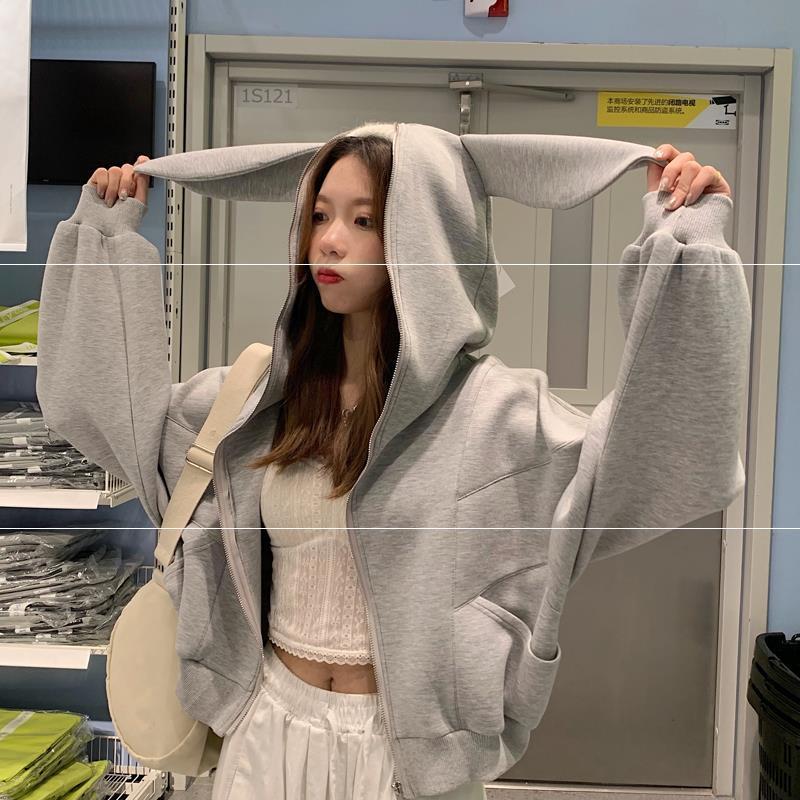 Ear Hooded Coats Top Women Cute Short Hoodies Female Korean - BabynBeauty