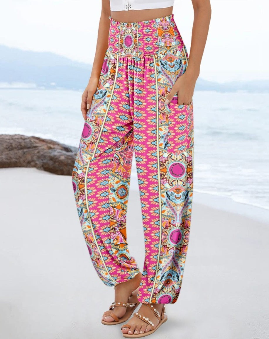 Sling Smocking Waist Positioning Printed Wide Leg Jumpsuit