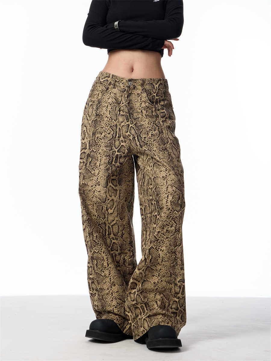 Retro Straight Slim High Street Leopard Jeans Wide Leg