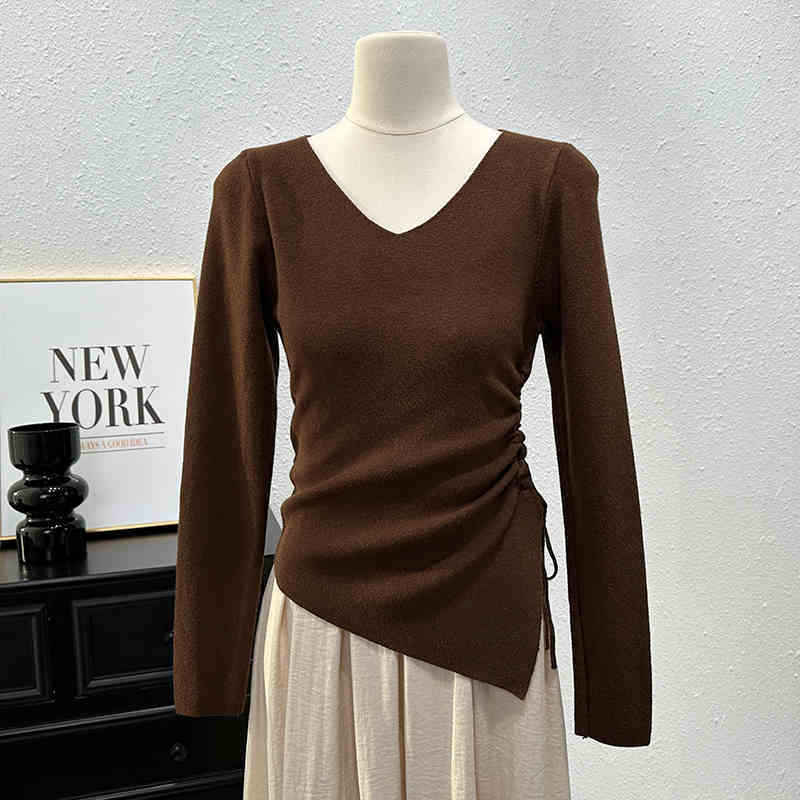 Knitted Long-sleeved T-shirt Women's Slim Bottoming Shirt Pleating Split Top