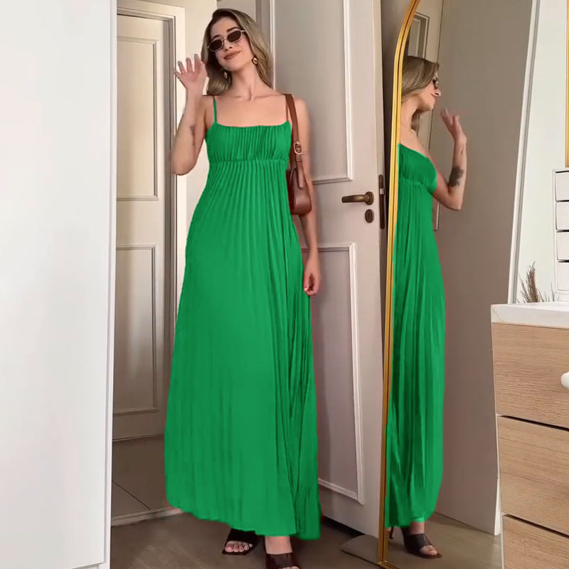 Vacation Spaghetti Straps Pleated Dress - BabynBeauty