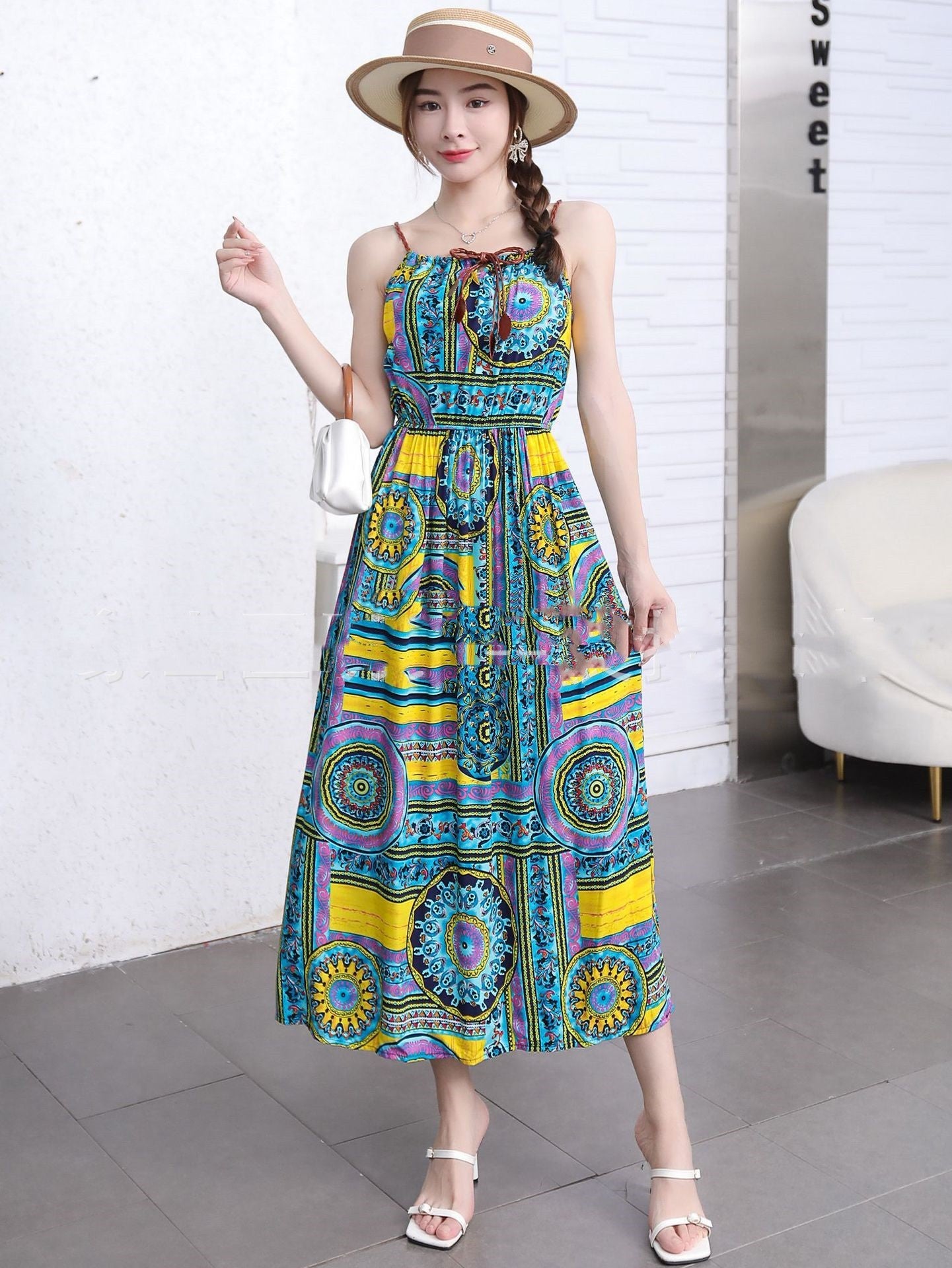 Ethnic Style Dress Women's Cotton Silk Belt Beach Dress With Suspenders