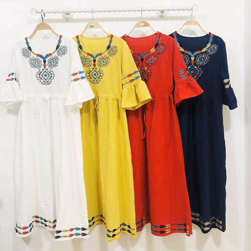 Ethnic Style Women's Short-sleeved Cotton And Linen Embroidered Dress