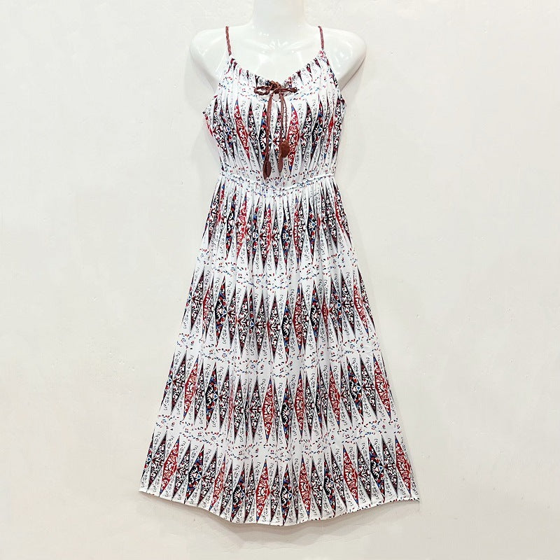 Ethnic Style Dress Women's Cotton Silk Belt Beach Dress With Suspenders