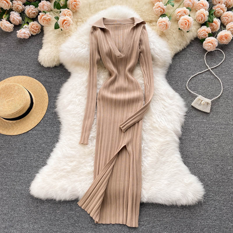 Feminine Waist And Hip Stretch Knitted Long Sleeved Split Hip Skirt