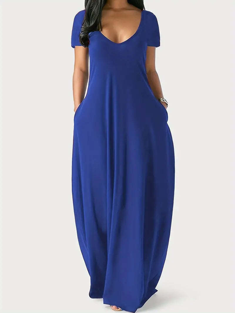 Sexy Deep V Short Sleeve Maxi Dress With Pockets