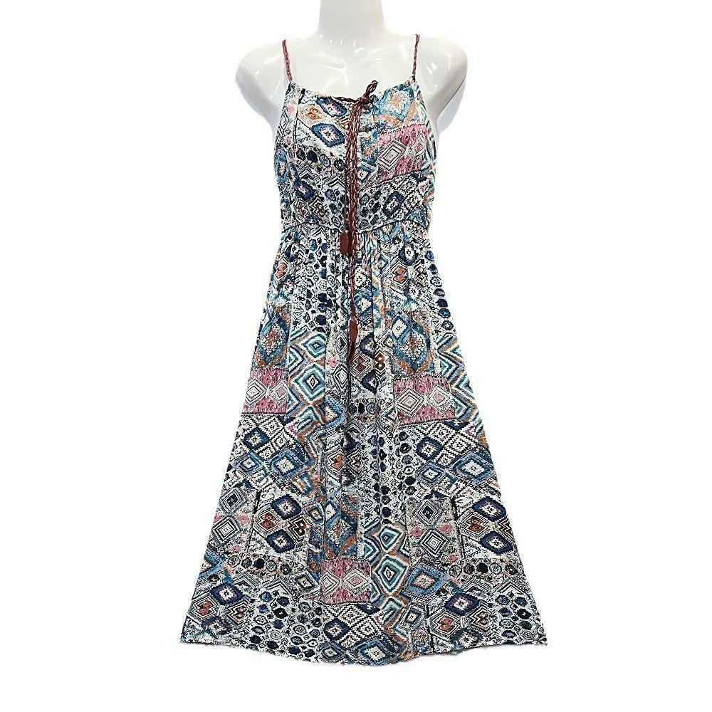 Ethnic Style Dress Women's Cotton Silk Belt Beach Dress With Suspenders