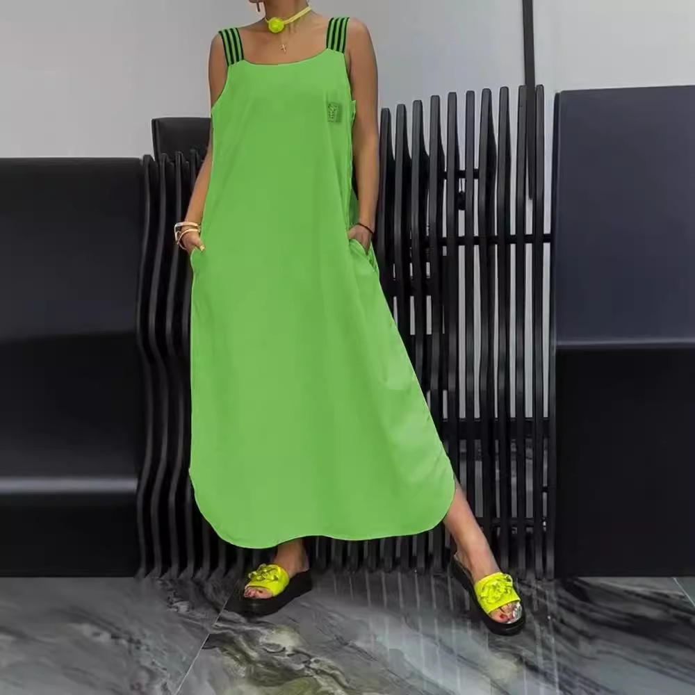 Casual Cotton And Linen Pocket Striped Shoulder Strap Skirt - BabynBeauty