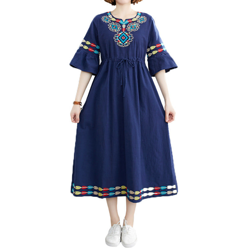 Ethnic Style Women's Short-sleeved Cotton And Linen Embroidered Dress