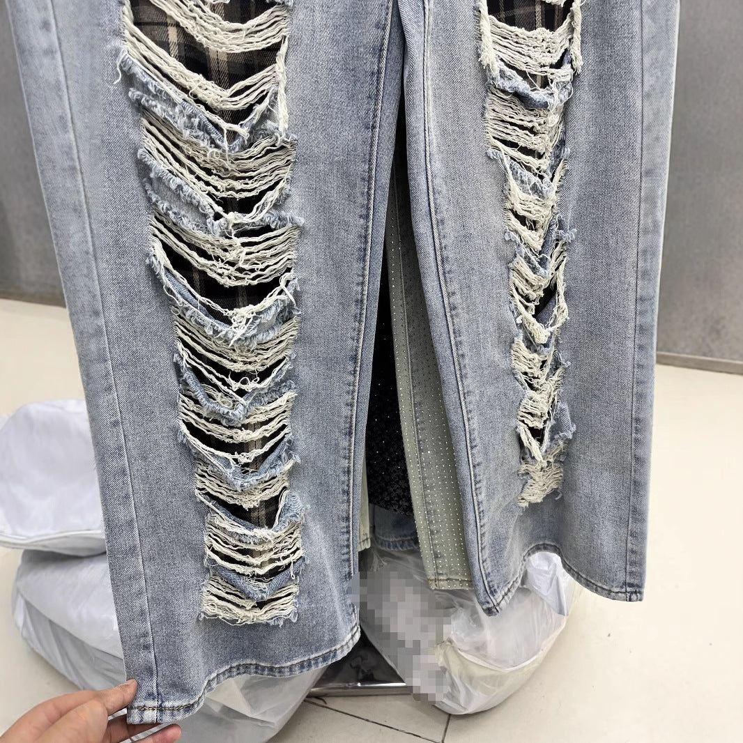 Blue With Holes Design Straight Jeans