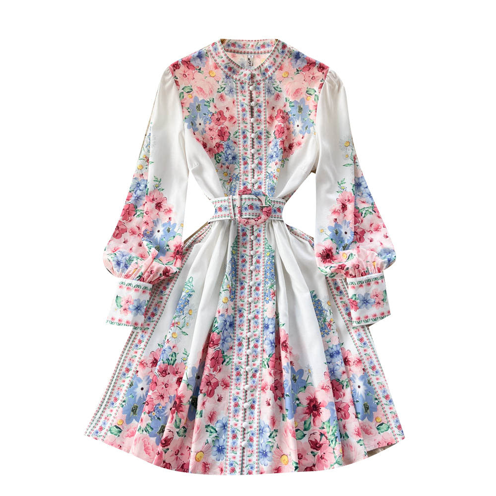 Retro Ethnic Style Stand Collar Single-breasted Lantern Sleeve Dress
