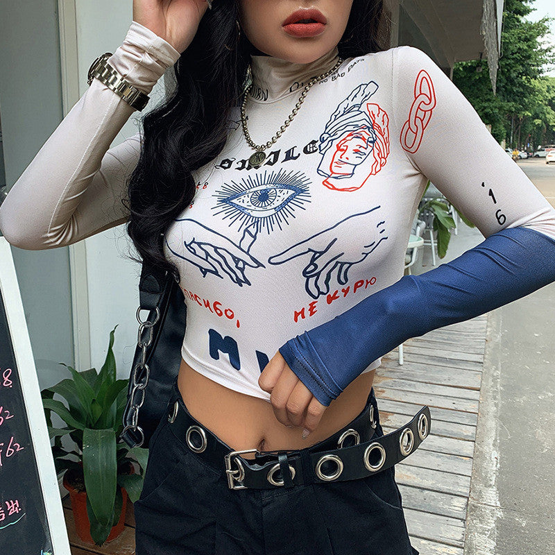 Turtleneck exposed navel tight sports casual top