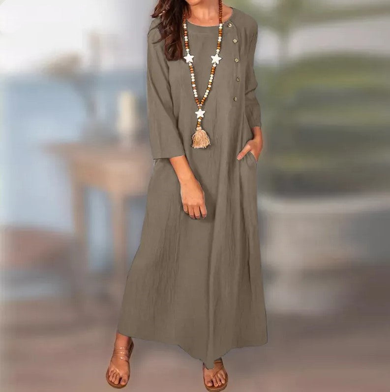 Spring And Summer Plain Long Sleeve Weave Vintage Long Dress