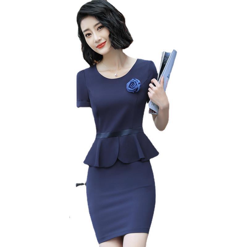Fake Two Pieces Business Dress Short Sleeve Beautician Hotel Jewelry Shop Workwear