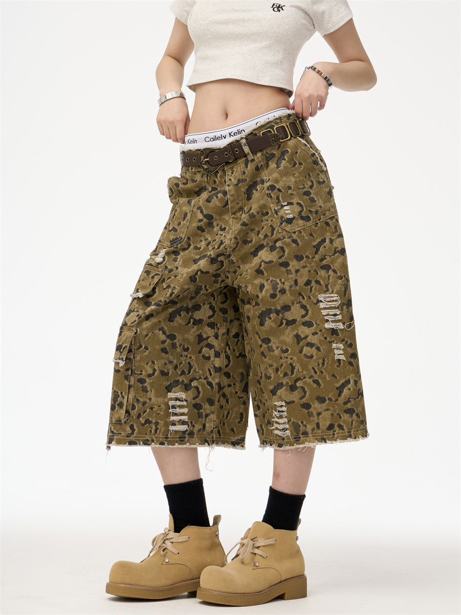 Retro Street Leopard Camouflage Workwear Denim Cropped Pants