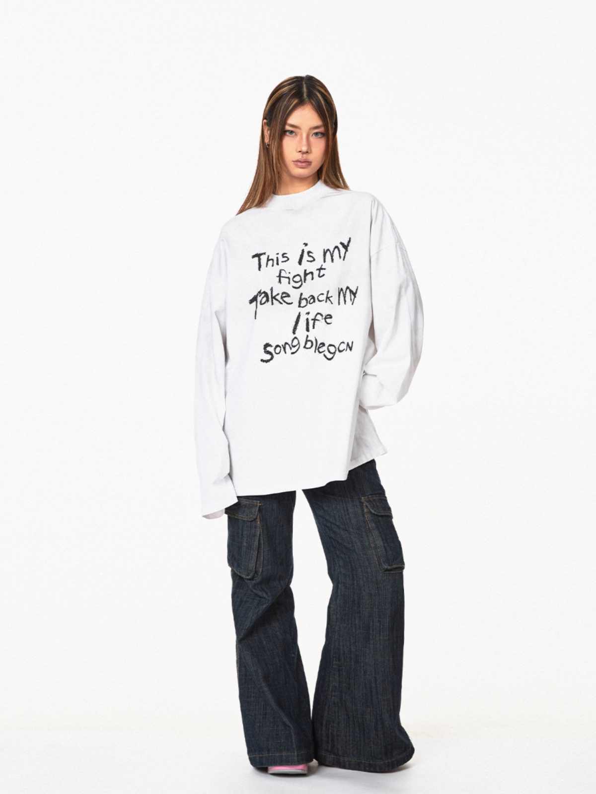 Distressed Letters T-shirt Loose Casual Bottoming Top