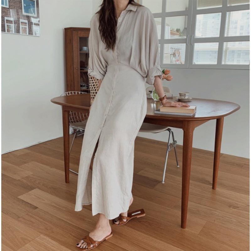 Loose Slimming Shirt Long Skirt Over The Knee French Retro Cotton Linen Dress