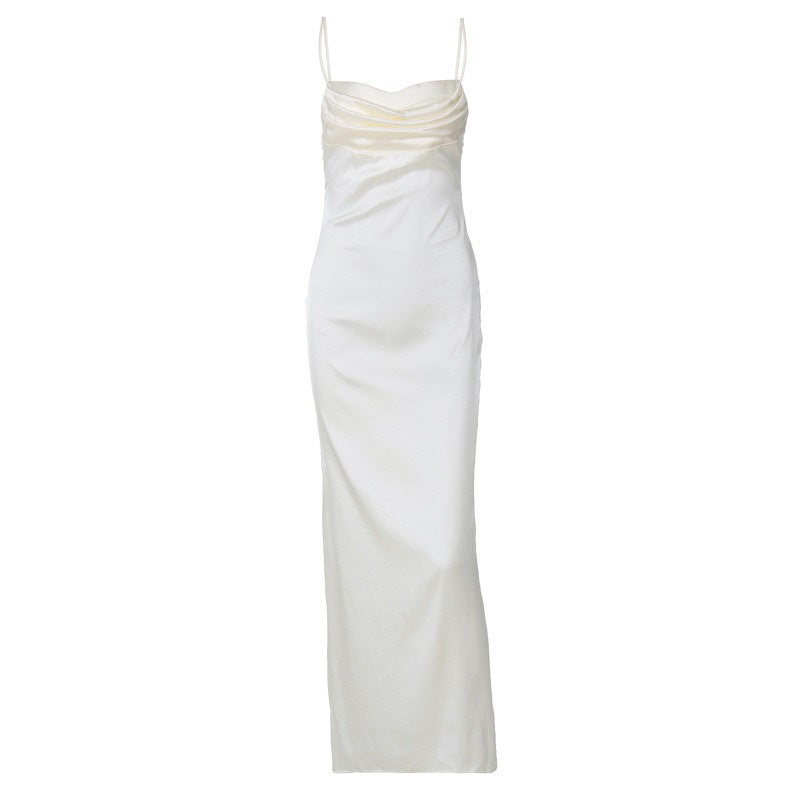 Solid Color Satin Sexy Backless Spaghetti Straps Dress